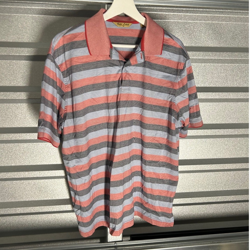 Roundtree & Yorke Gold Label Polo Shirt Mens L Red Blue Striped Preppy Cotton